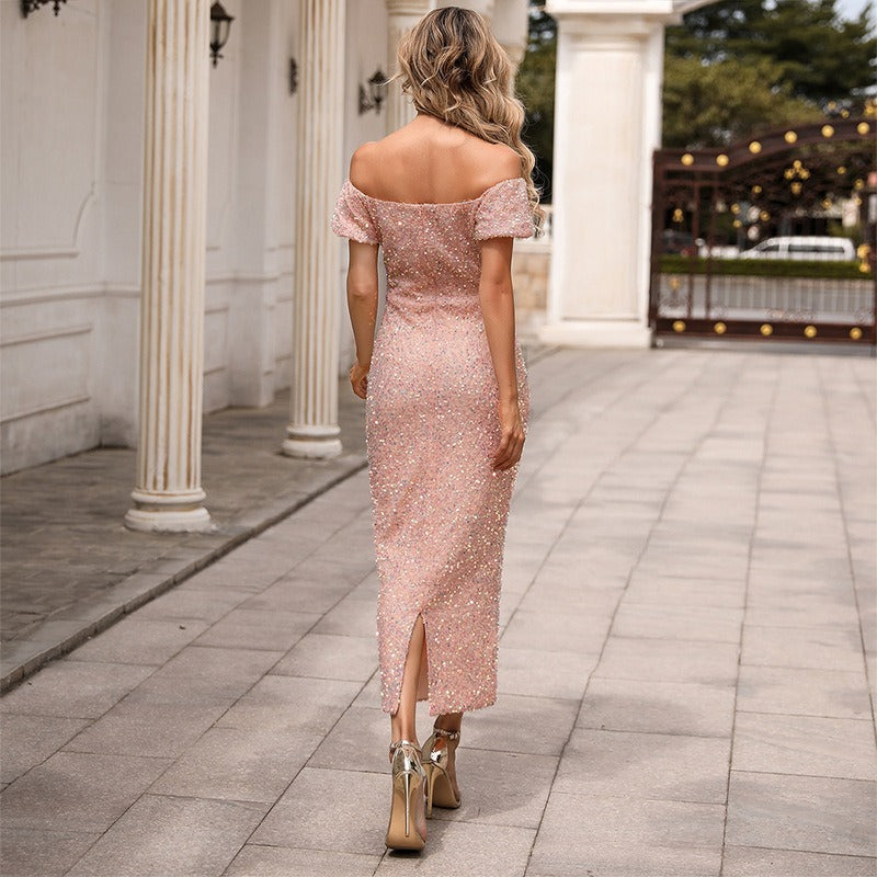 Sequin Off Shoulder Puff Sleeve Bodycon Midi Dress - View 6