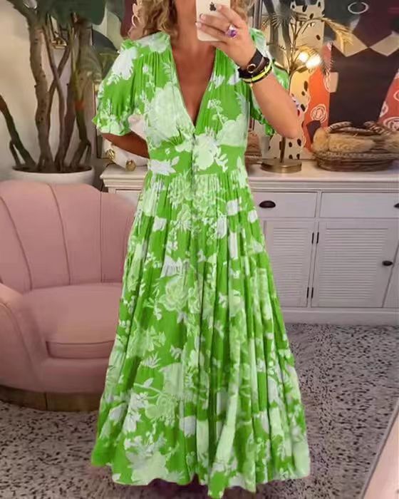 Floral V-Neck Short Sleeve Tiered Maxi Dress 6
