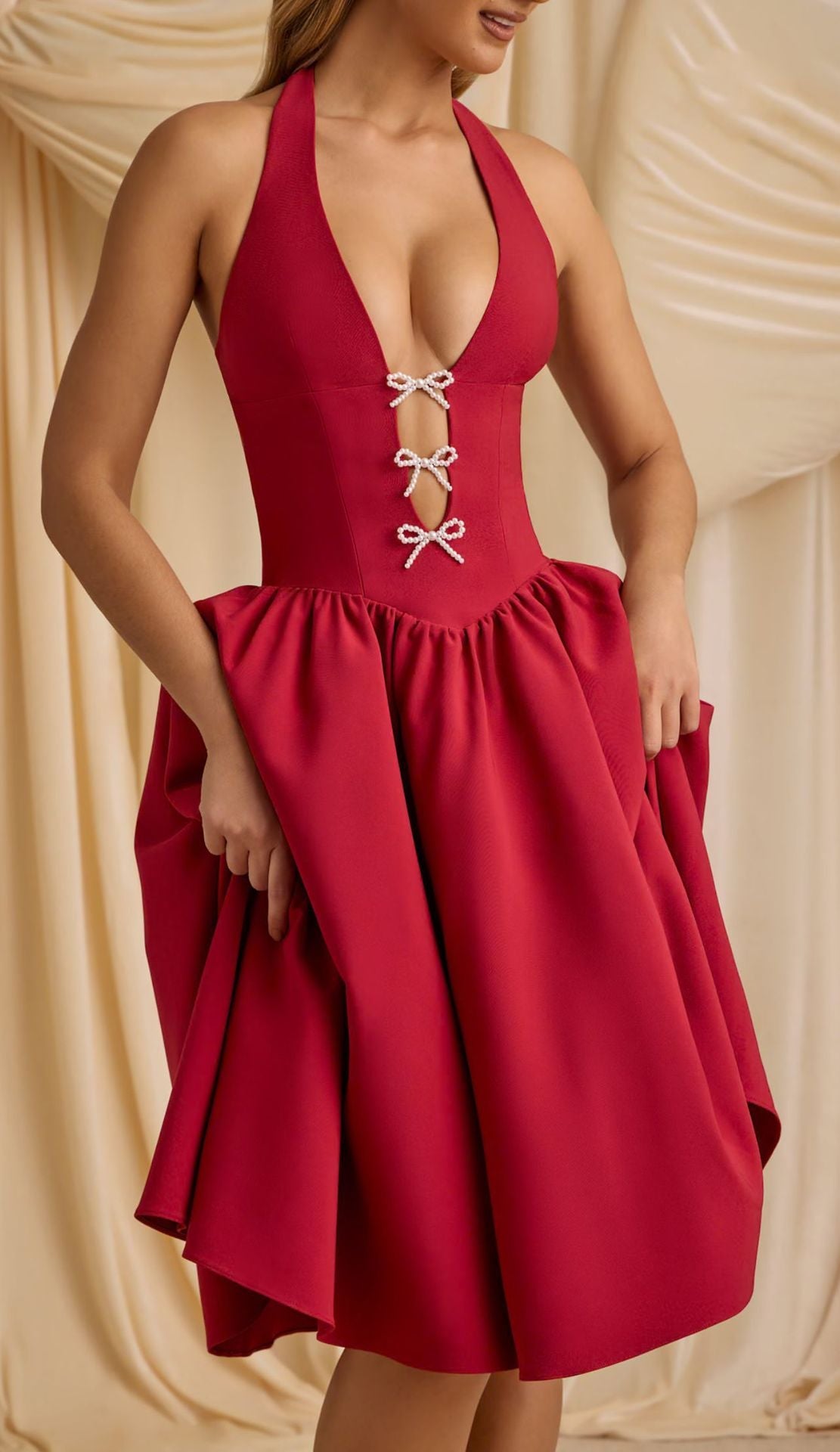 Rhinestone Bow Halter Neck Deep V-Neck Mini Cocktail Dress - View 7