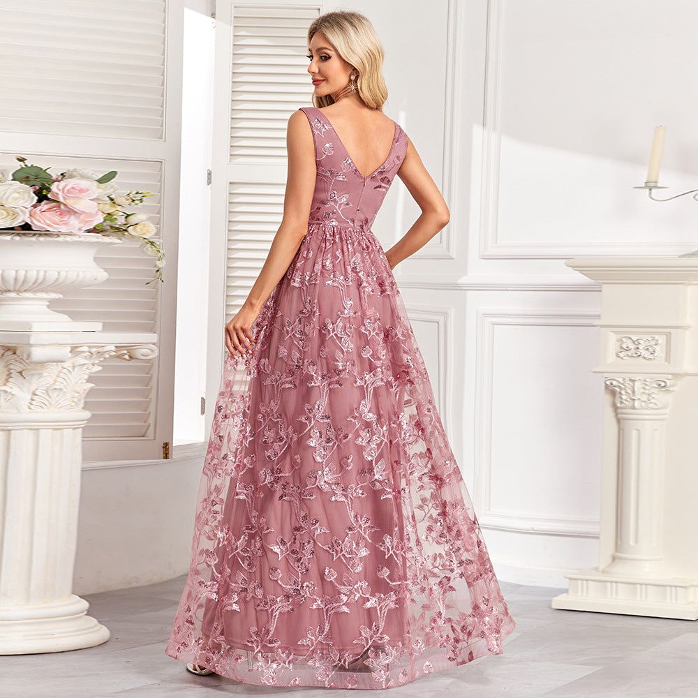 Floral Sequin V-Neck Sleeveless Tulle A-Line Maxi Gown - View 2