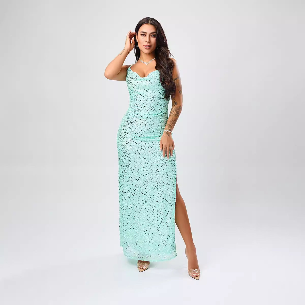 Sequin Spaghetti Strap Ruched High Split Bodycon Maxi Dress