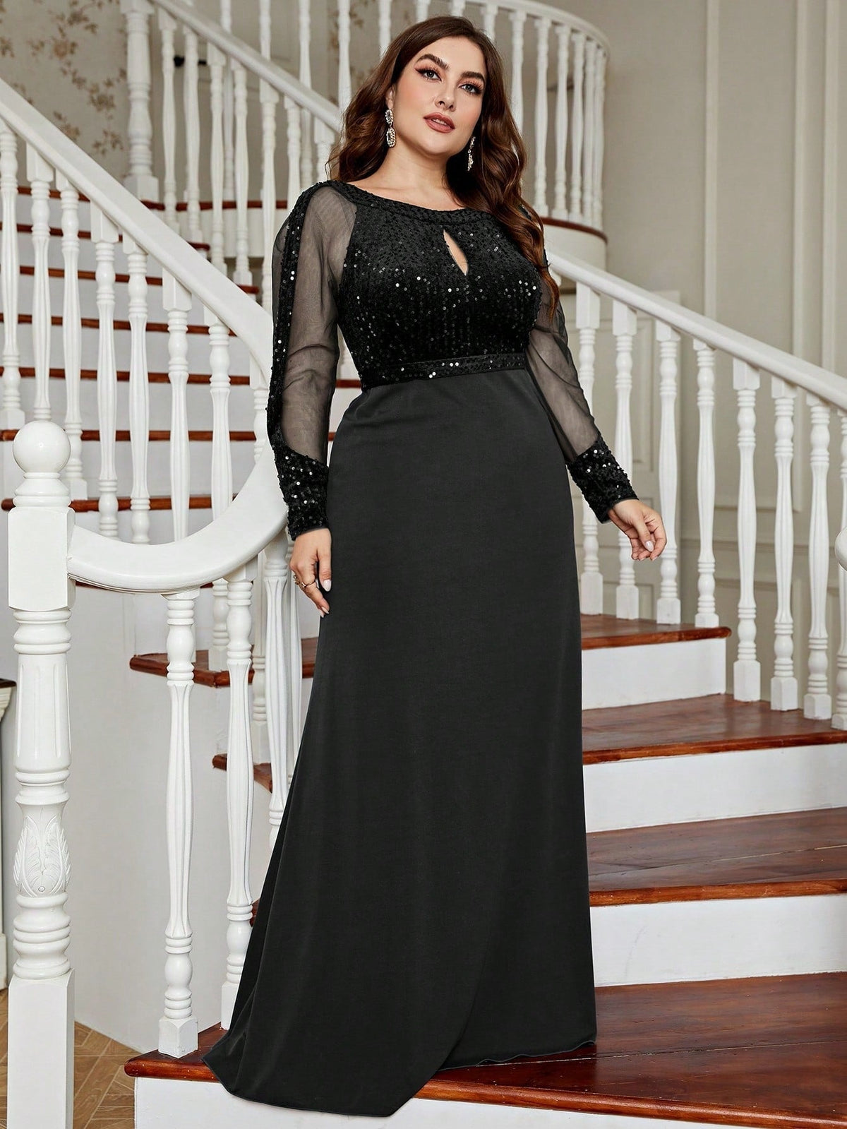 Sequin Round Neck Keyhole Long Sleeve Mesh Maxi Evening Gown - View 3