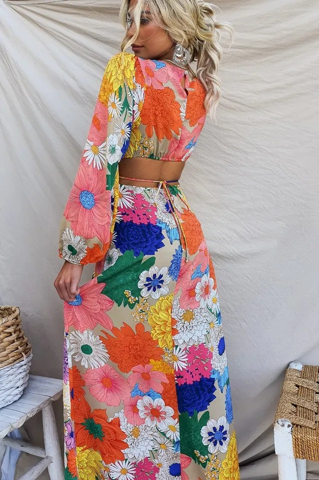 Floral Print Puff Sleeve Cut Out Waist Summer Maxi Dress - View 6