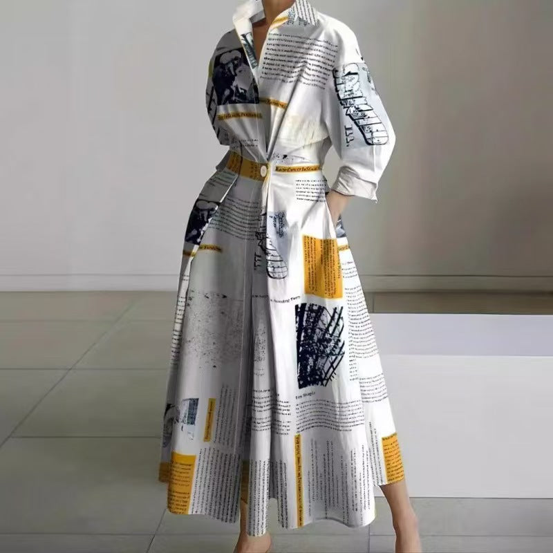 Newspaper Print Collared Long Sleeve Belted Pleated Maxi Shirt Dress 17
