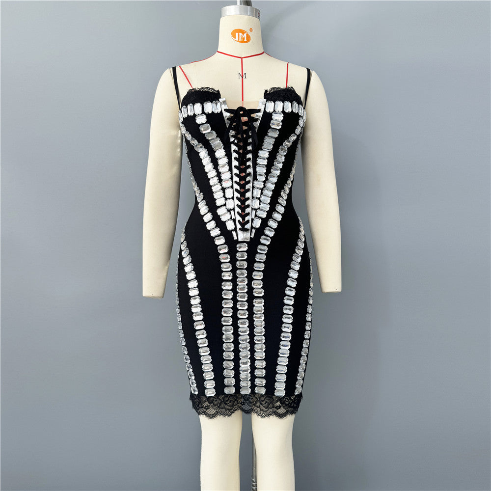 Mesh Lace Trim Corset Lace Up Rhinestone Bodycon Mini Party Dress - View 2