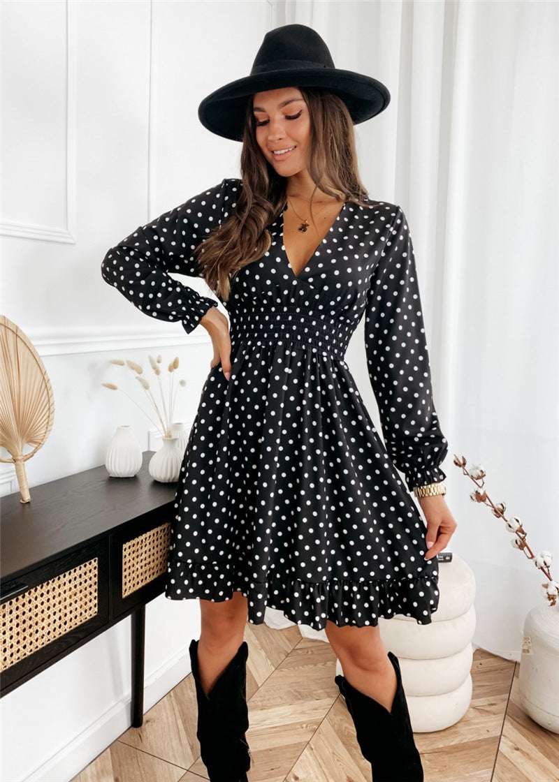 Polka Dot Deep V-Neck Long Sleeve Smocked Waist Flare Mini Dress - View 3