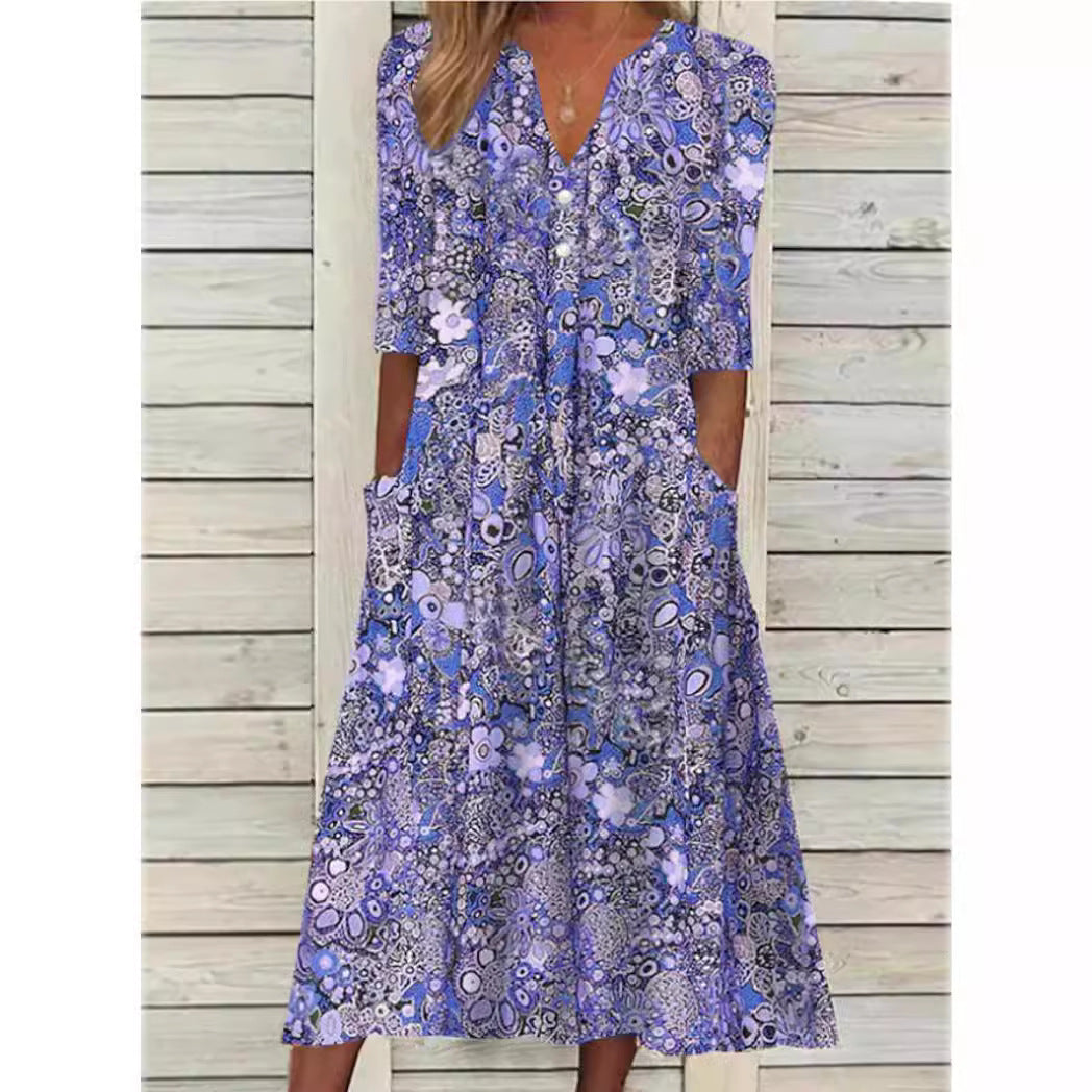 Bohemian Floral Print Deep V-Neck Button Placket Pocket Dress - View 2