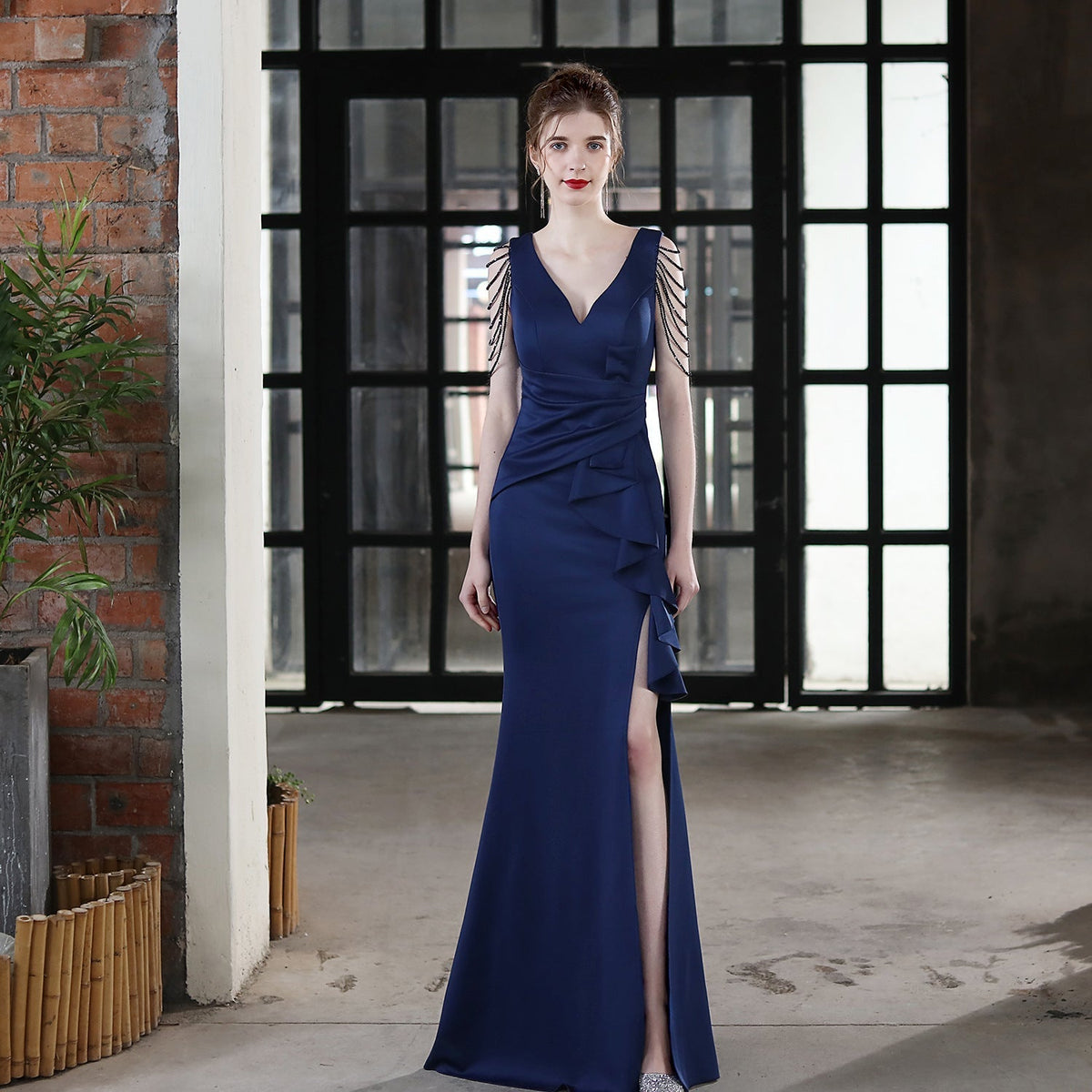 Deep V-Neck Beaded Shoulder Fringe Wrap Waist Side Maxi Gown - View 12
