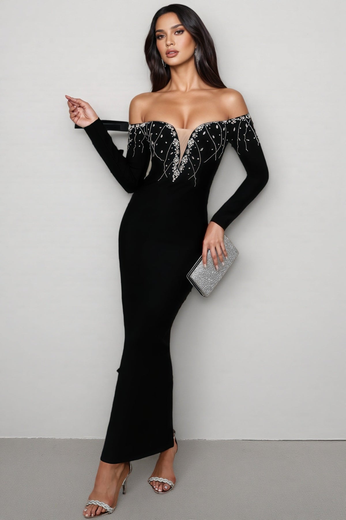Rhinestone Embroidered Off Shoulder Long Sleeve Maxi Gown - View 4