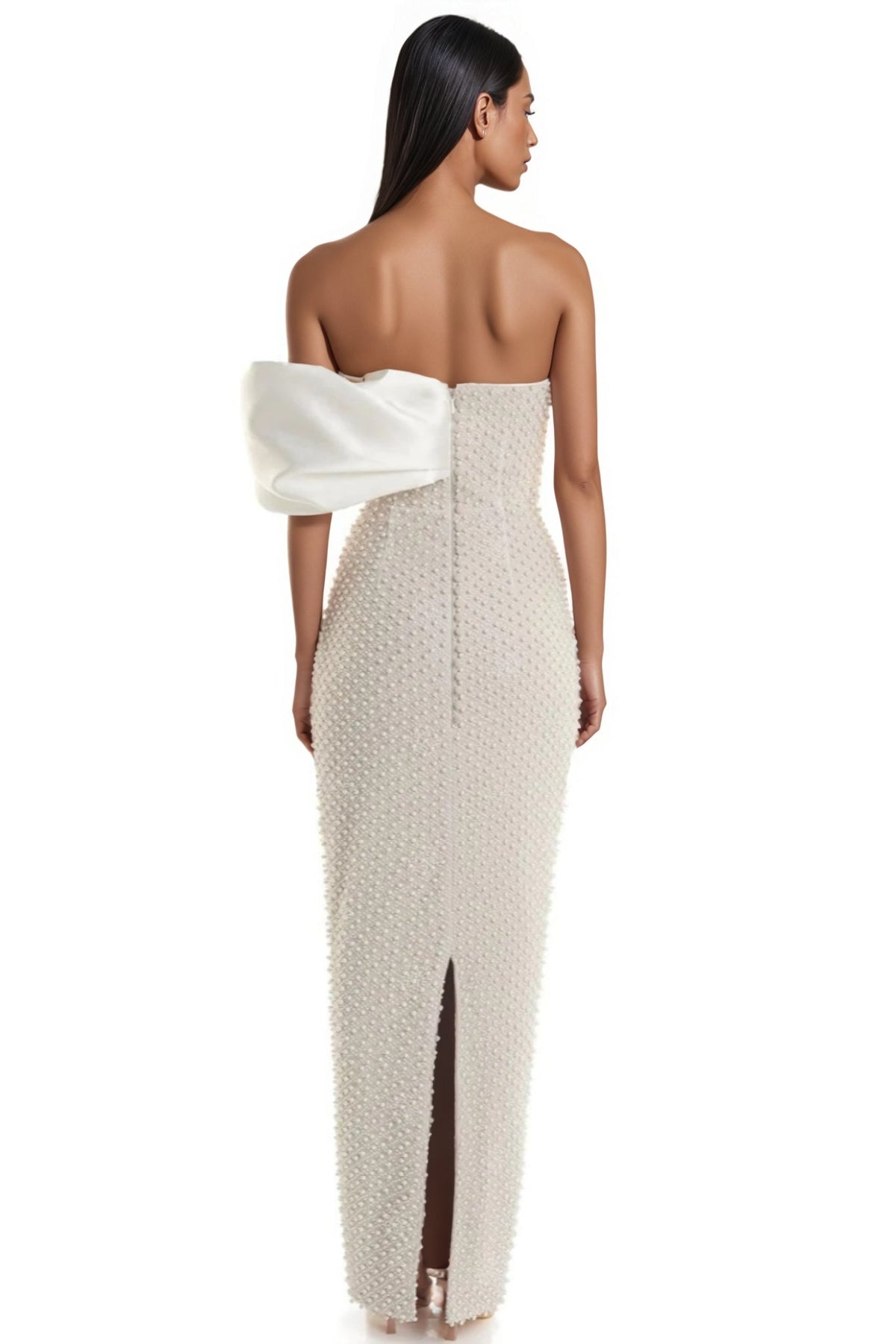 Pearl Embellished Strapless Ruffle Bodice Column Maxi Gown - View 4