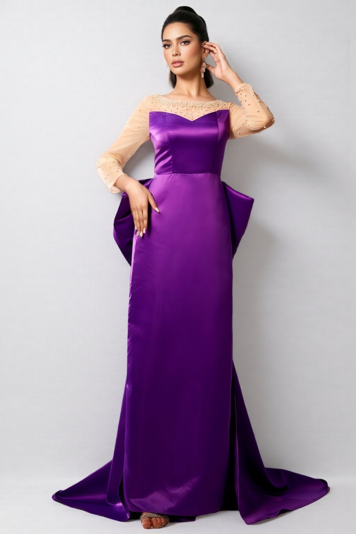 Pearl Embellished Sheer Mesh Yoke Long Sleeve Maxi Gown - View 6