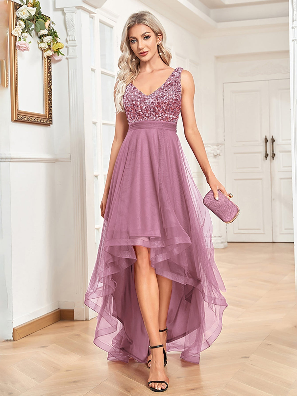 Sequin V-Neck Tulle High Low Midi Dress - View 7