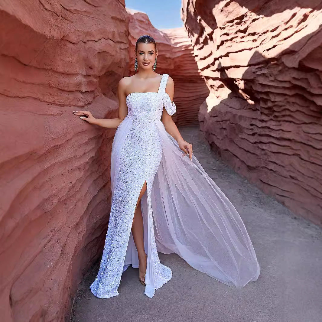 Tube Top Irregular Asymmetric White Mesh Sequ Dress - View 4