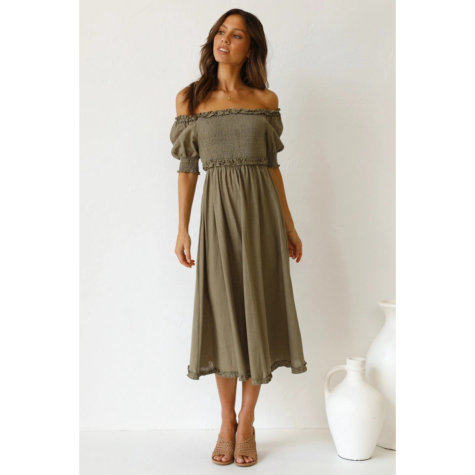 Off Shoulder Smocked Puff Sleeve Ruffle Hem Midi Dress - View 4