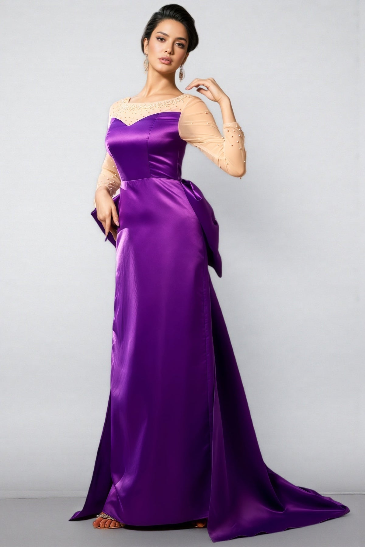 Pearl Embellished Sheer Mesh Yoke Long Sleeve Maxi Gown - View 8