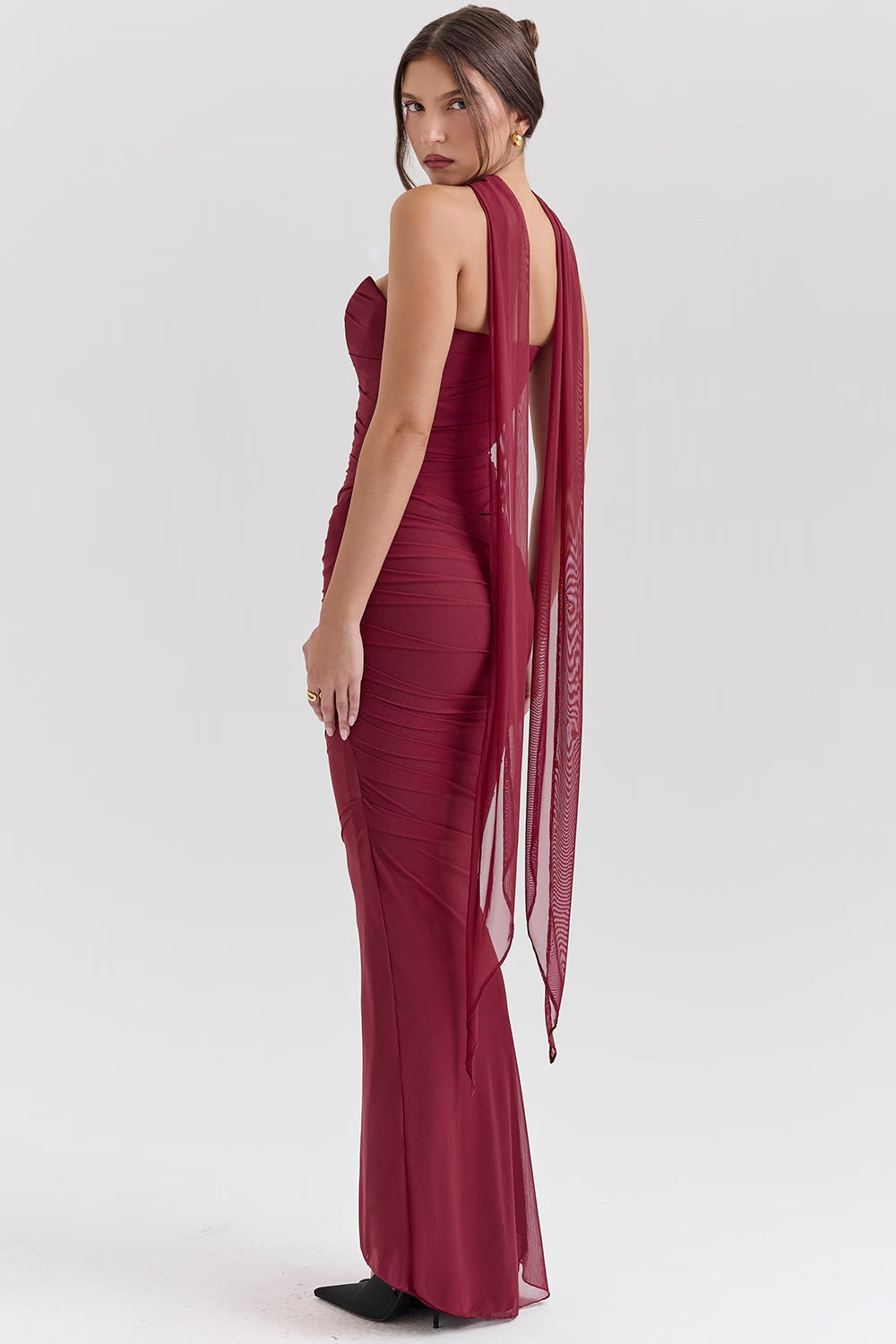 One Shoulder Draped Sash Ruched Fishtail Maxi Gown - View 11