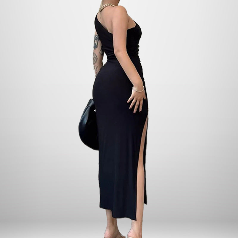 One Shoulder Sleeveless Ruched High Split Bodycon Maxi Dress - View 3