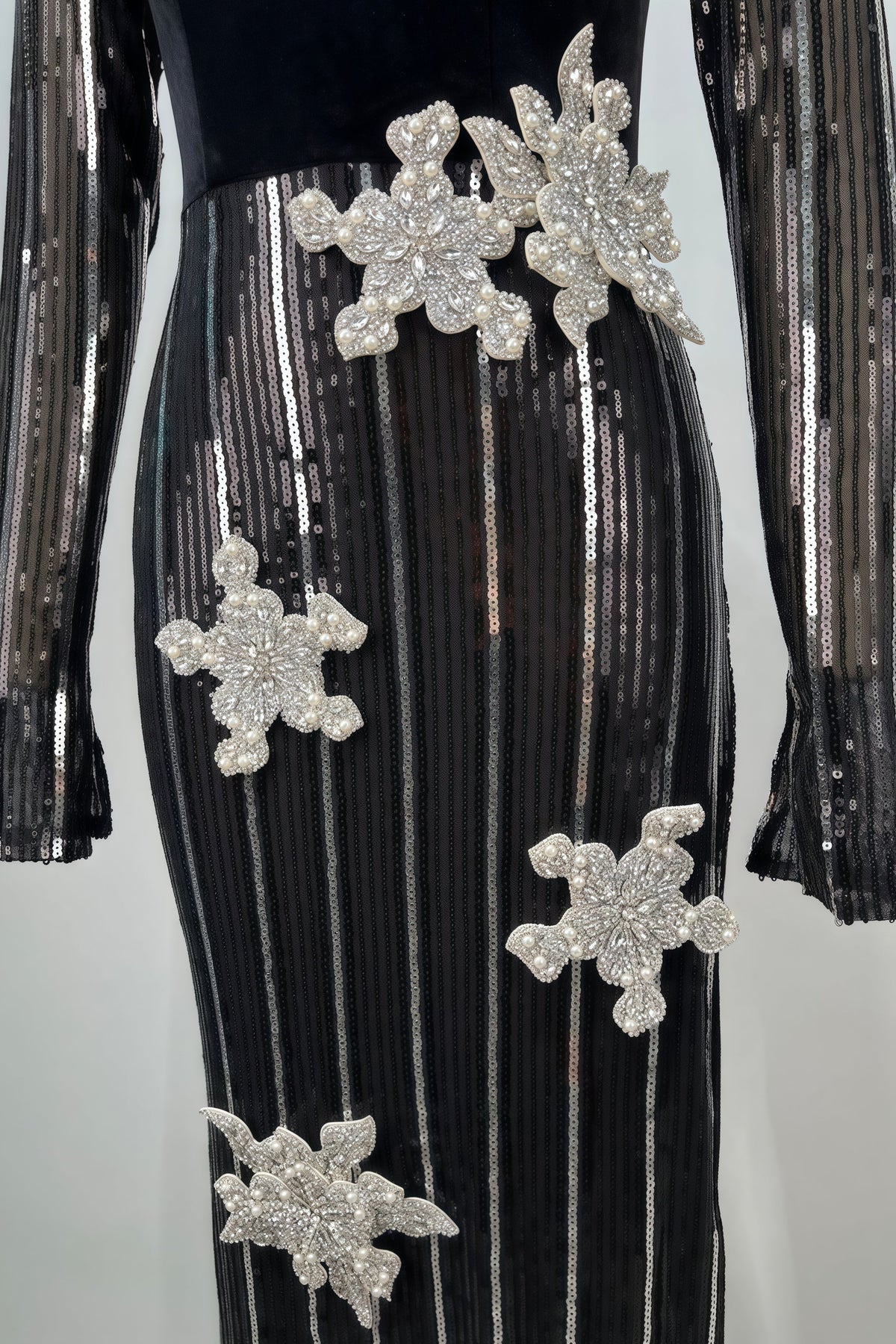 Sequin High Neck Long Sleeve 3D Flower High Split Maxi Gown - View 6