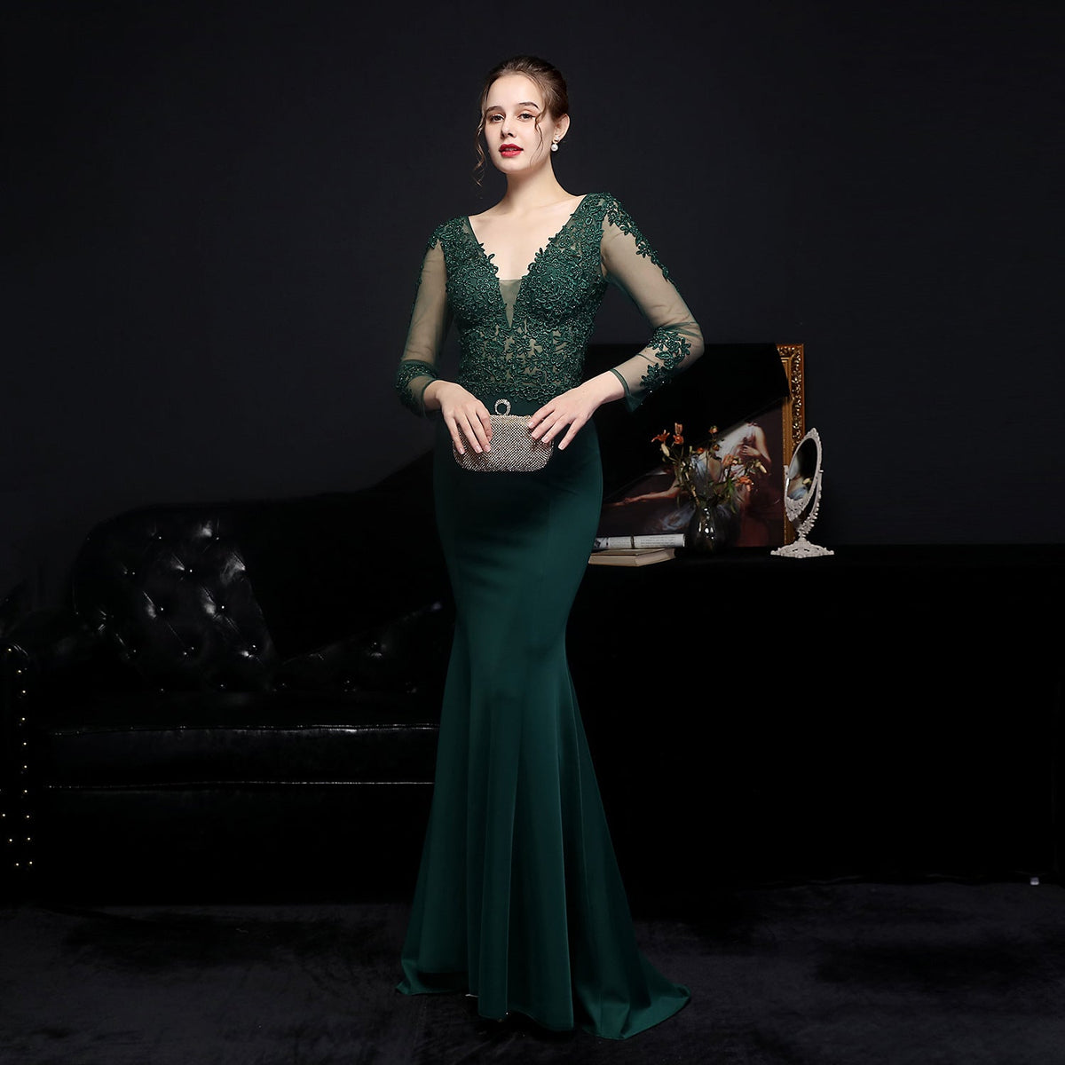 Lace V-Neck Long Sleeve Beaded Mermaid Maxi Gown - View 4