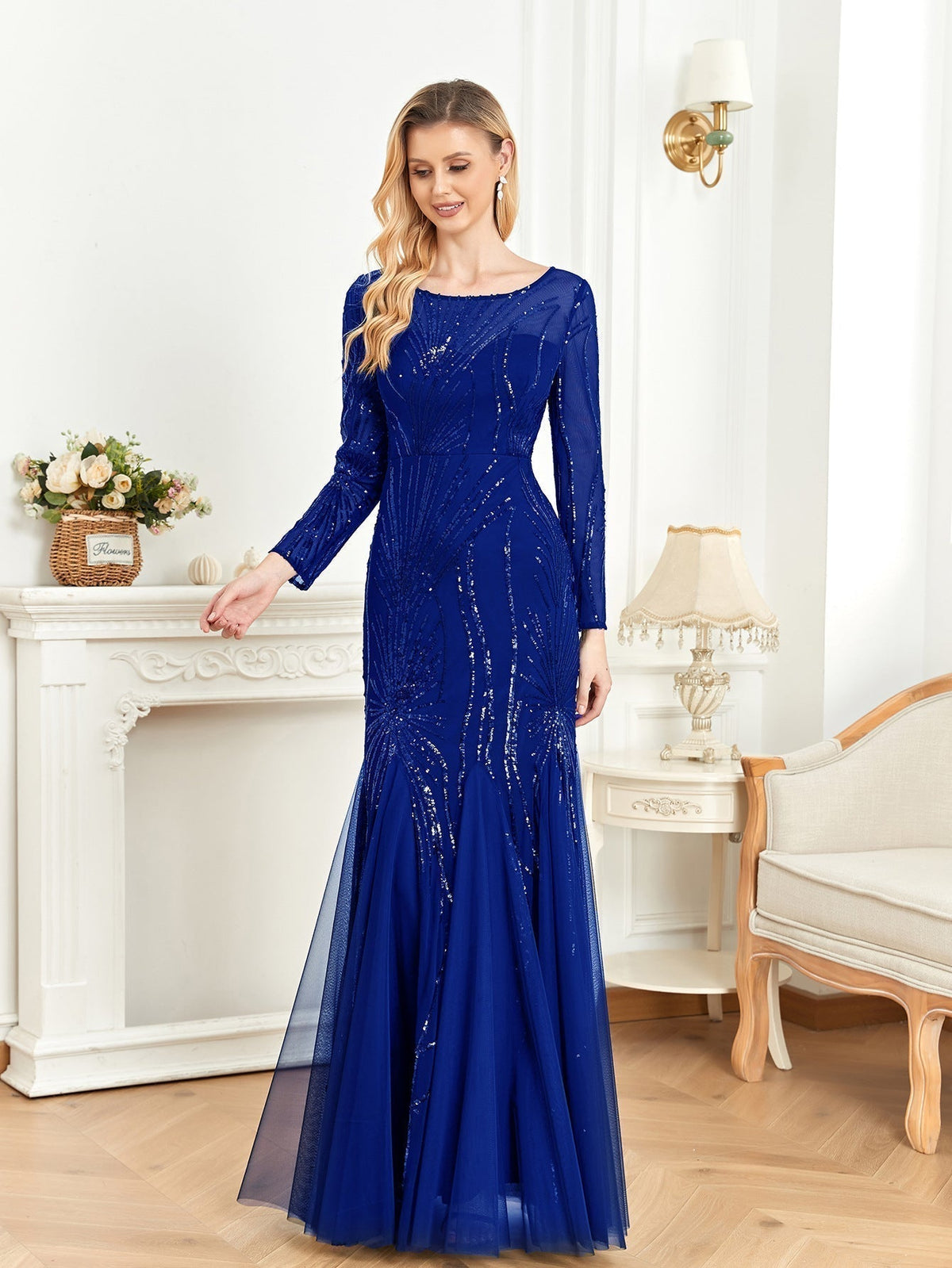 Sequin Crew Neck Long Sleeve Tulle Mermaid Maxi Gown - View 6