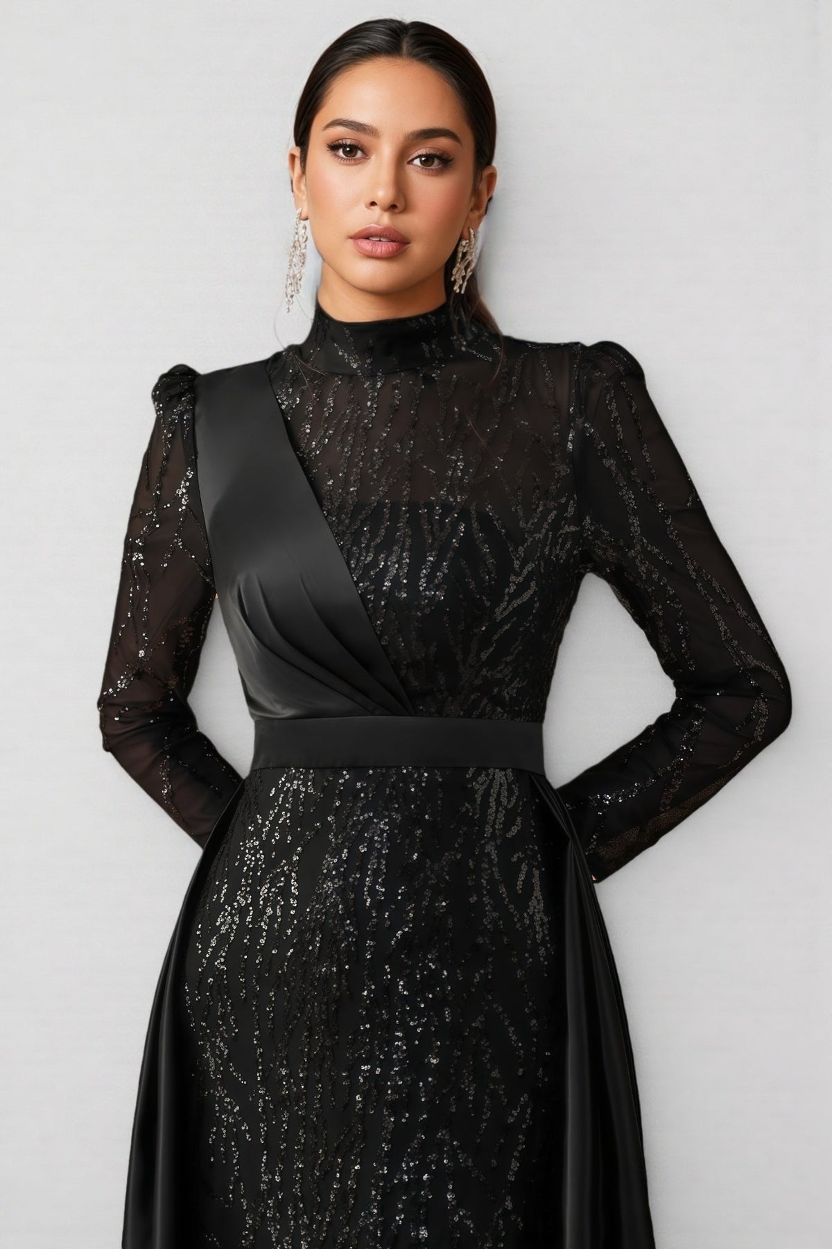 Moto Sequin Satin Long-Sleeved Maxi Dress - View 5