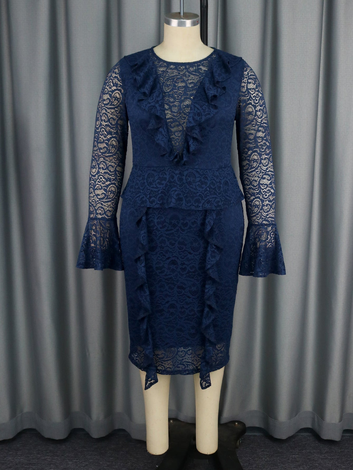 Lace Peplum Bell Sleeve Ruffle Front Pencil Midi Dress - View 3