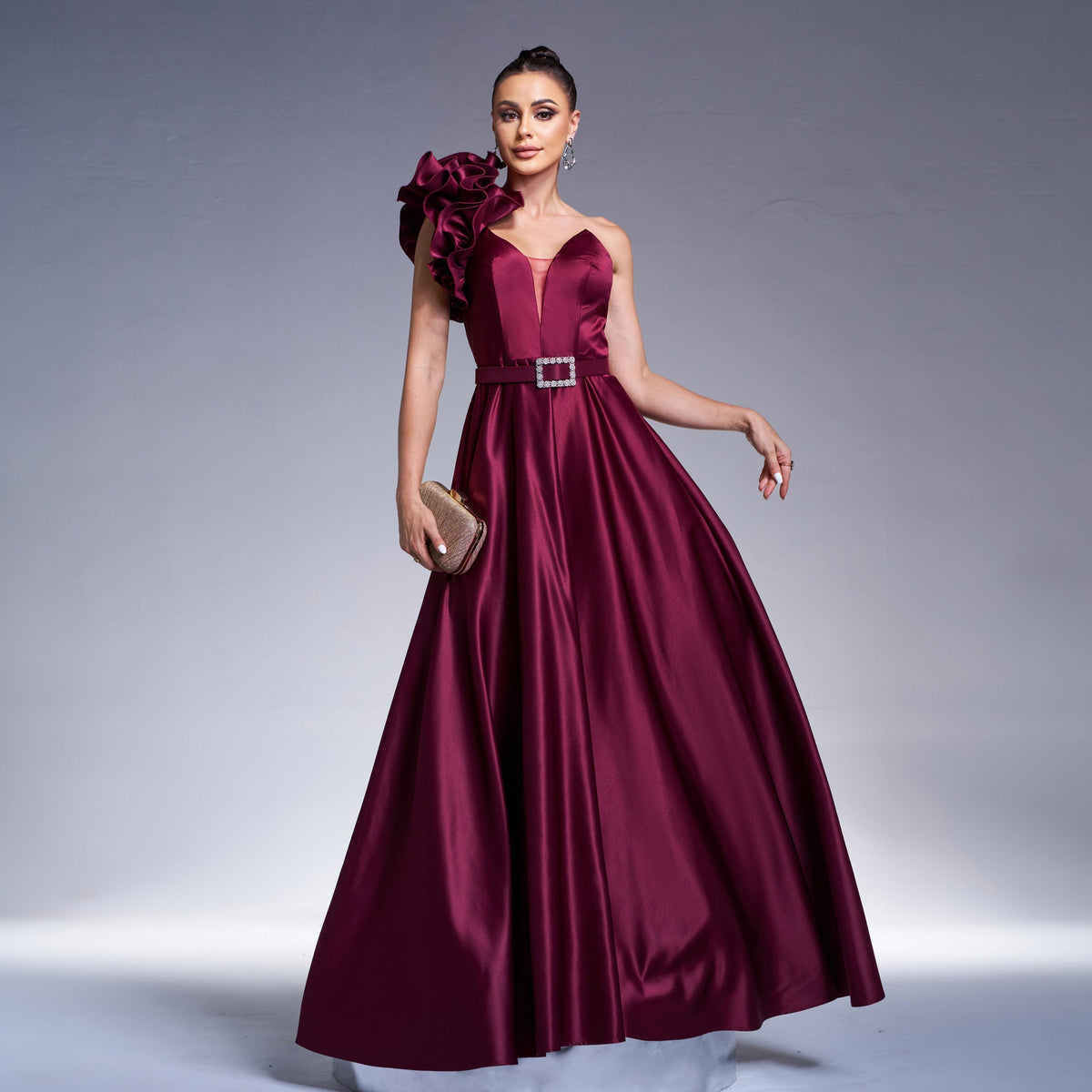 One Shoulder Ruffle Sweetheart Belted A-Line Satin Gown - View 2