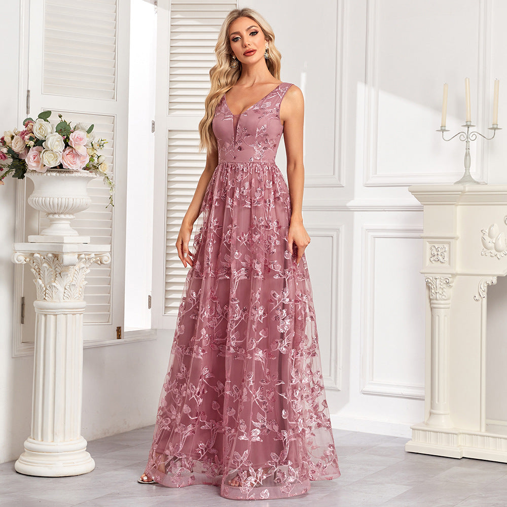 Floral Sequin V-Neck Sleeveless Tulle A-Line Maxi Gown - View 5