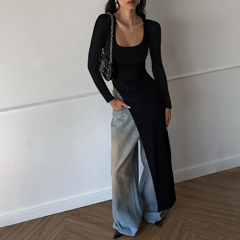 Knit Square Neck Long Sleeve Cut Out Asymmetric Maxi Dress - View 2