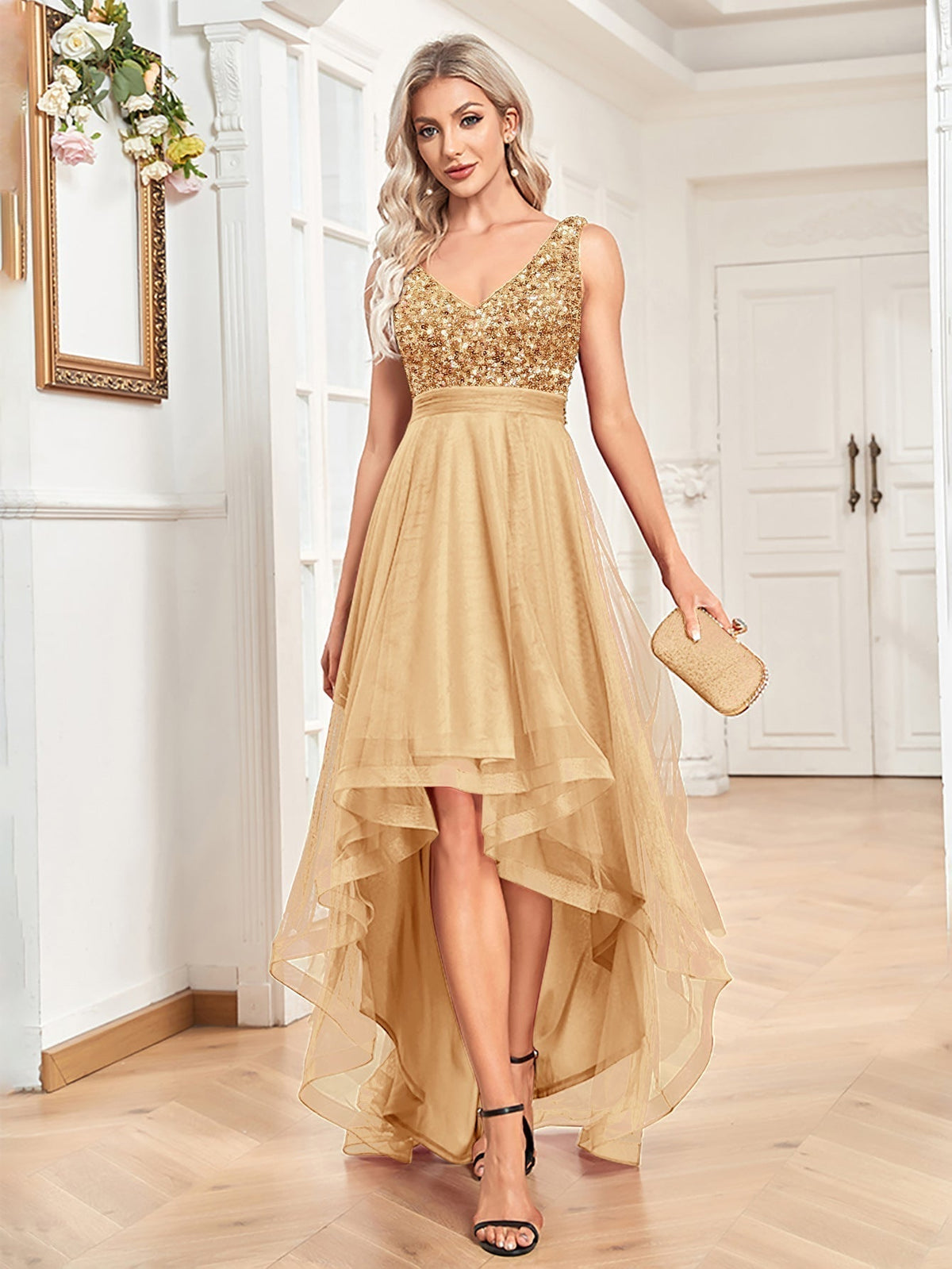 Sequin V-Neck Tulle High Low Midi Dress - View 10