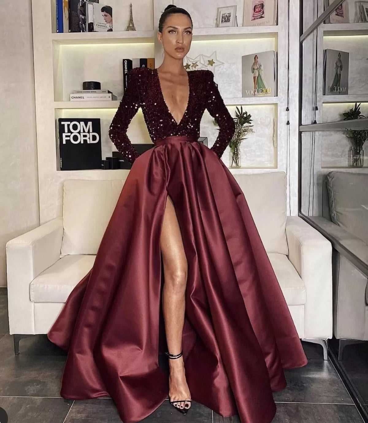 Sequin Deep V-Neck Long Sleeve Satin High Split A-Line Evening Gown - View 8