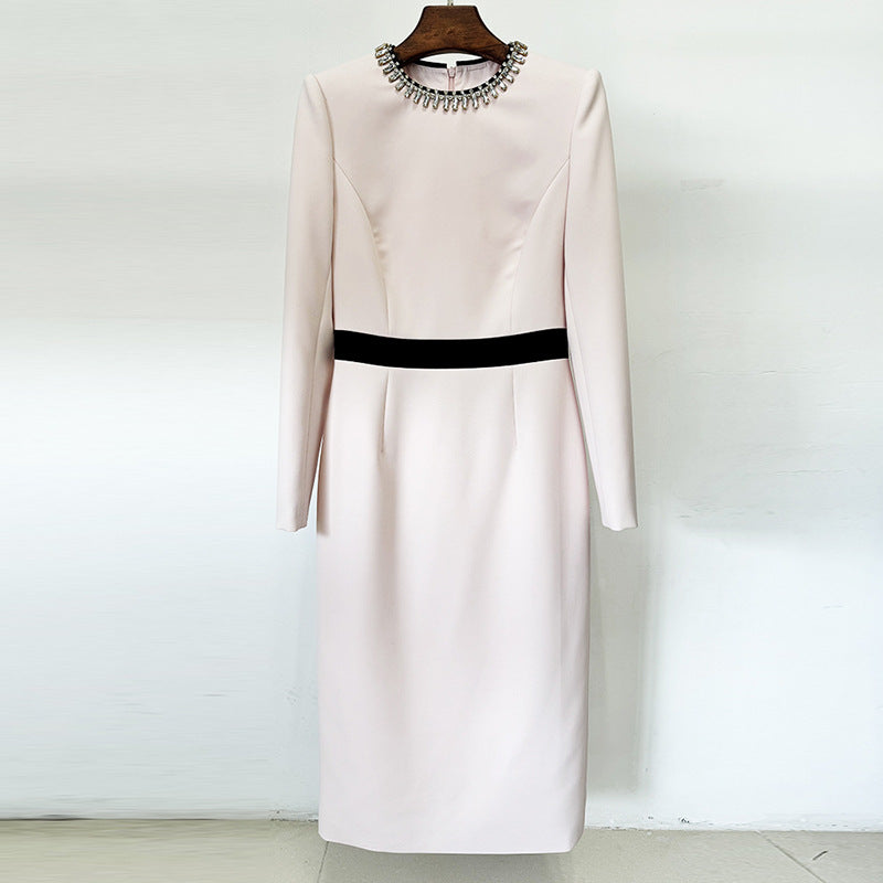 Beaded Collar Long Sleeve Belted Sheath Midi Dress - View 2