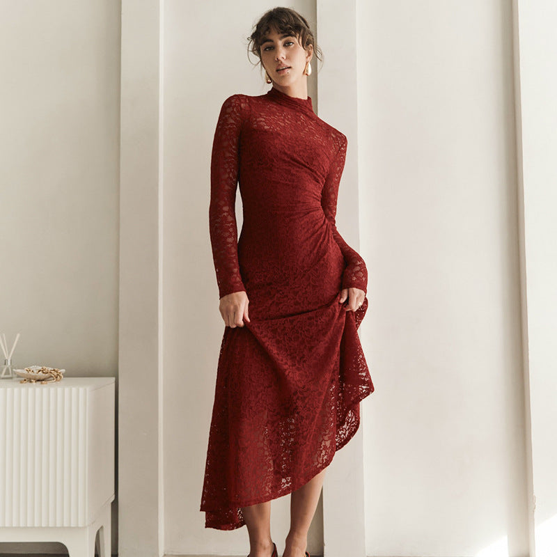 Lace Stitching Pleated Slim Fit Long Sleeve Oblique Strap Inner Dress