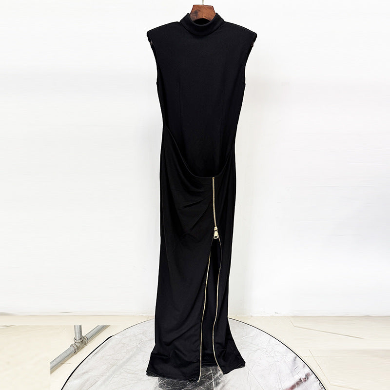 Sleeveless Mock Neck Padded Shoulder Zipper High Split Maxi Gown - View 2