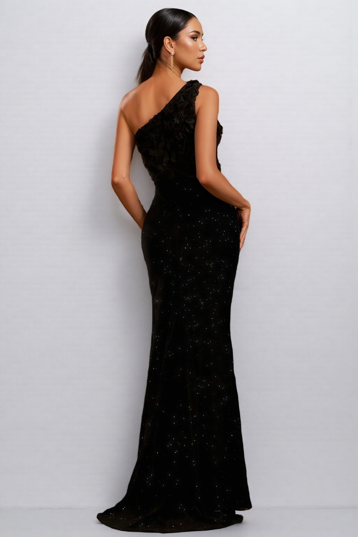 Sequin One Shoulder Floral Applique Ruched High Split Maxi Gown - View 5