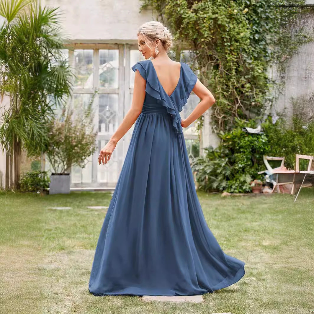 Chiffon V-Neck Ruffle Cap Sleeve Empire Waist A-Line Maxi Dress - View 2