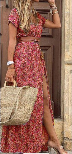 V-Neck Short Sleeve Belted High Split Tiered Boho Maxi Dress - View 3