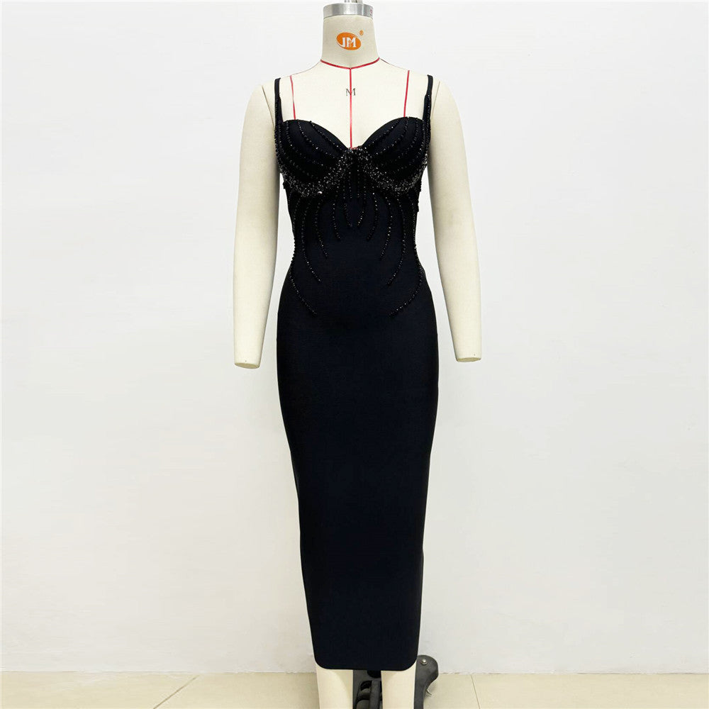 Beaded Sweetheart Spaghetti Strap Bandage Bodycon Maxi Dress - View 3