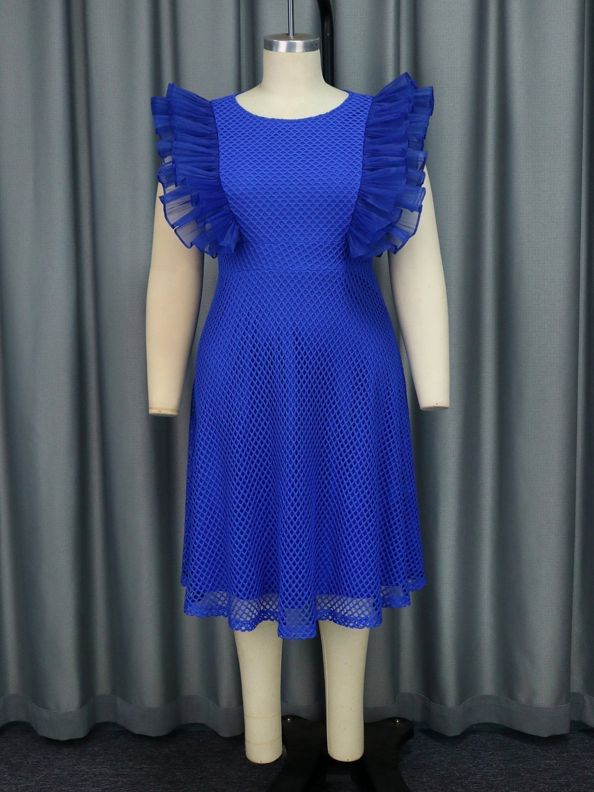 Mesh Ruffle Shoulder Fit and Flare Knee Length Cocktail Dress - View 2
