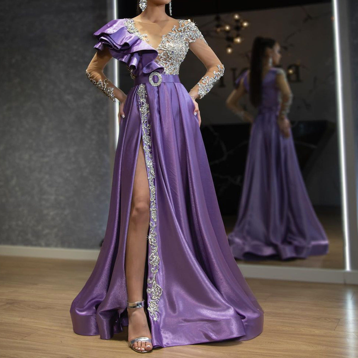 One Shoulder Ruffle Mesh Floral Embroidery Belted High Split Maxi Gown - View 2