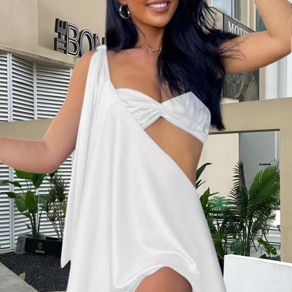 One Shoulder Twist Front Cut Out Flowy Mini Dress - View 2