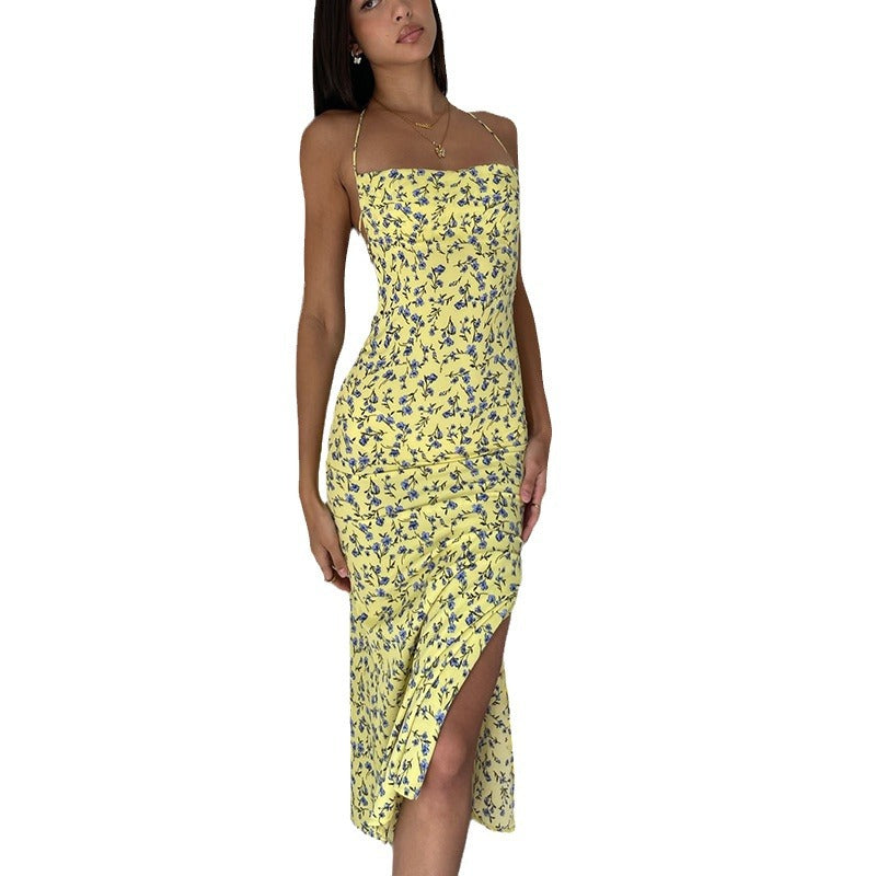 Halter Neck Floral High Split Backless Slip Maxi Dress - View 5
