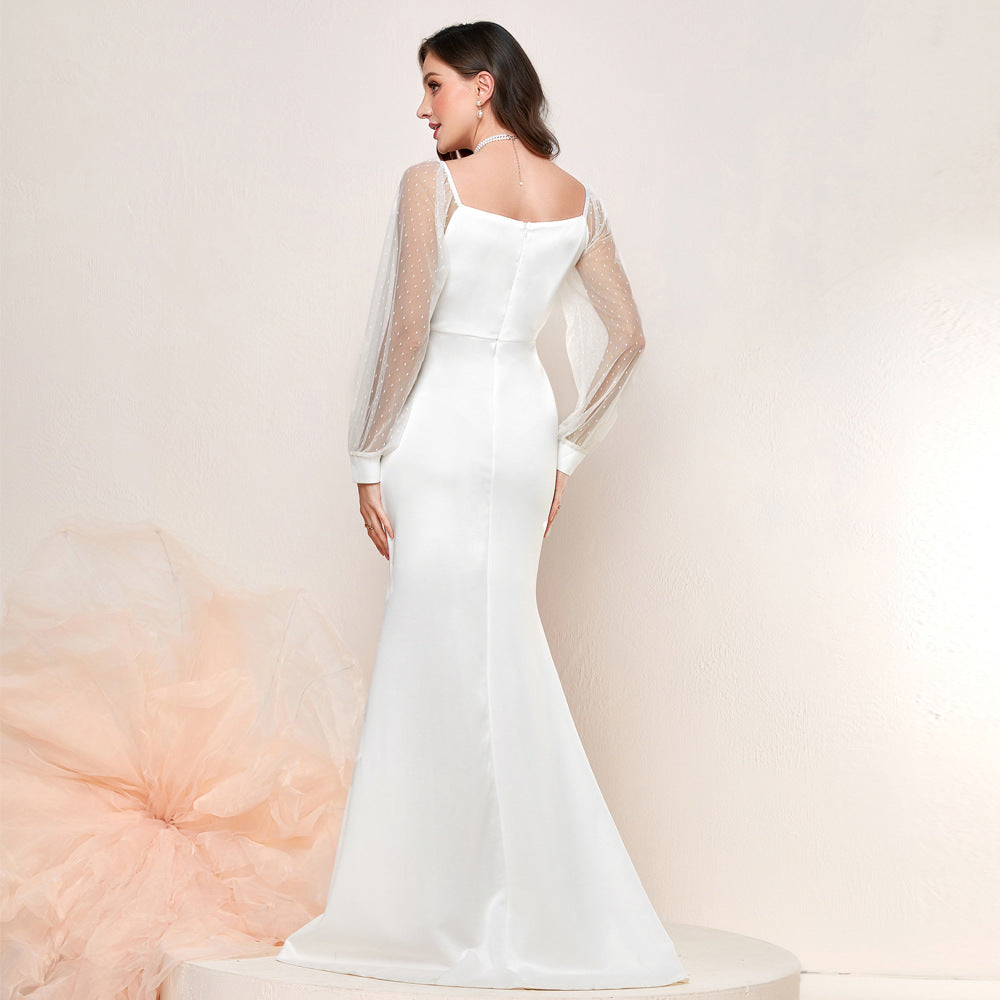 Swiss Dot Mesh Puff Sleeve Sweetheart Mermaid Maxi Gown - View 3