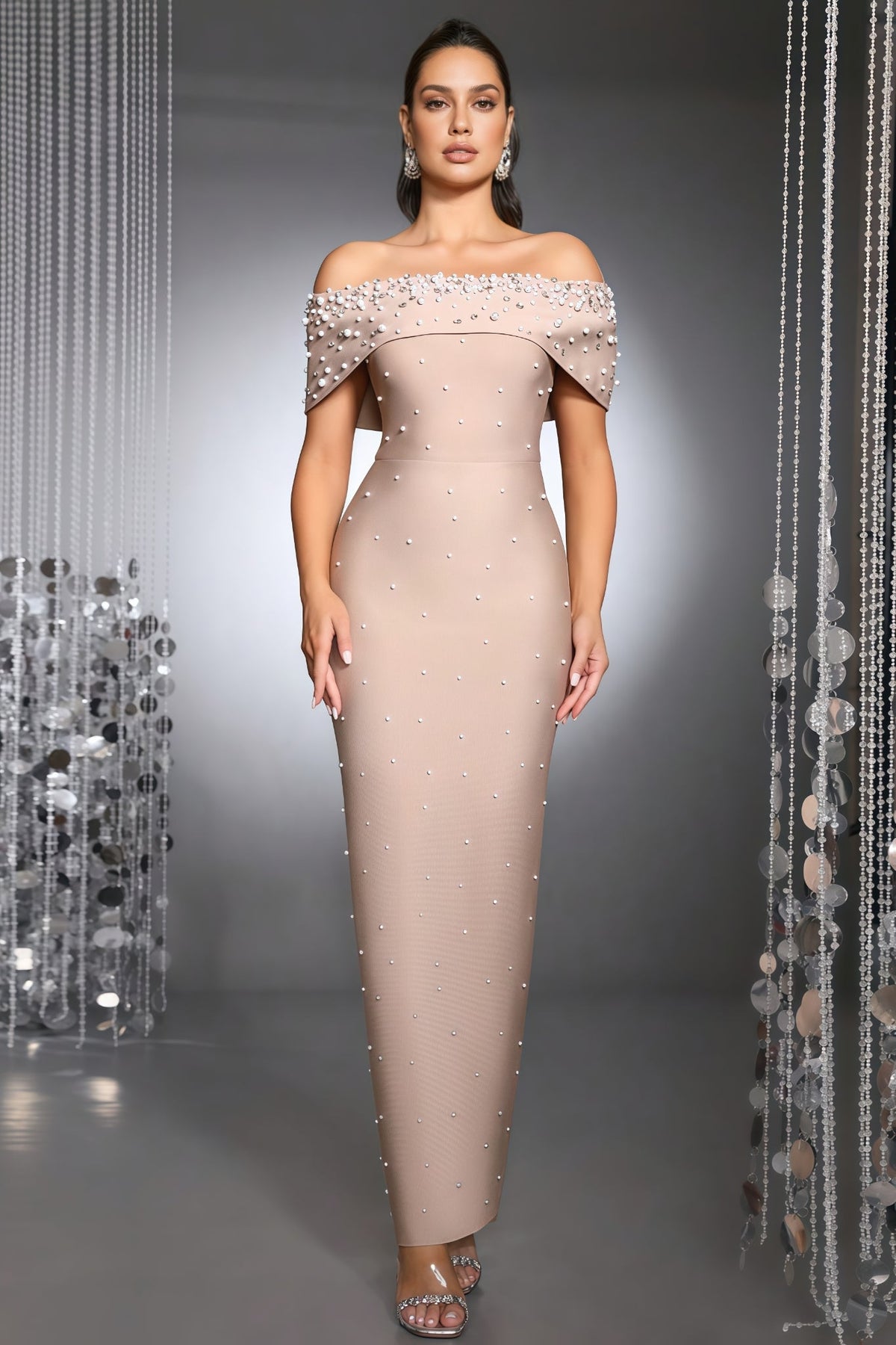 Pearl Beaded Off Shoulder Bandage Maxi Gown - View 3
