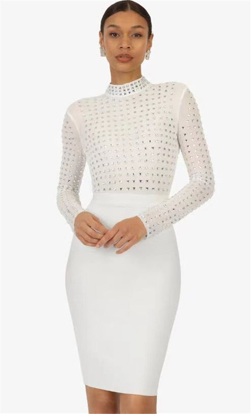 Rhinestone Mesh Mock Neck Long Sleeve Bandage Pencil Midi Dress - View 5