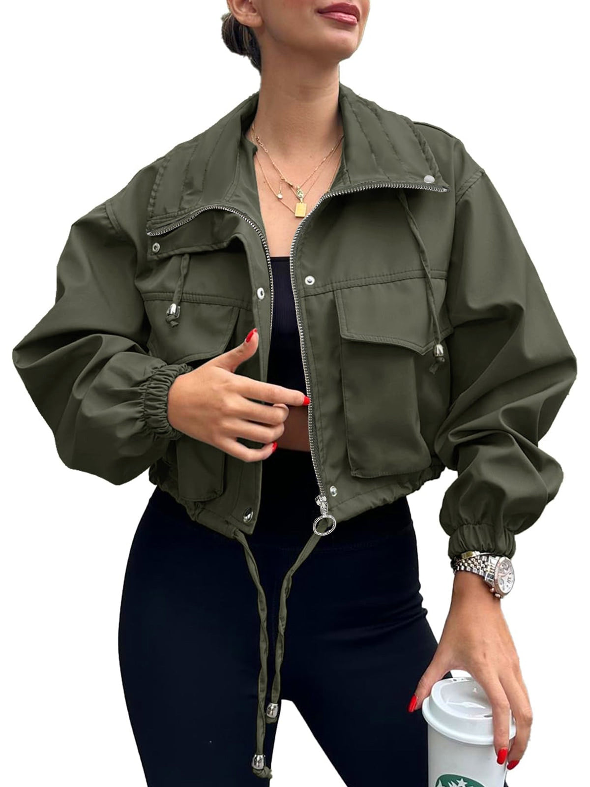 Zip Front Drawstring Hem Cargo Pocket Cropped Jacket 4