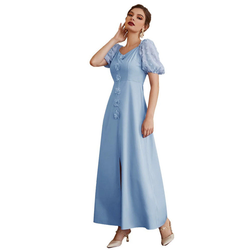 Rose Applique Sweetheart Swiss Dot Puff Sleeve Maxi Dress - View 5