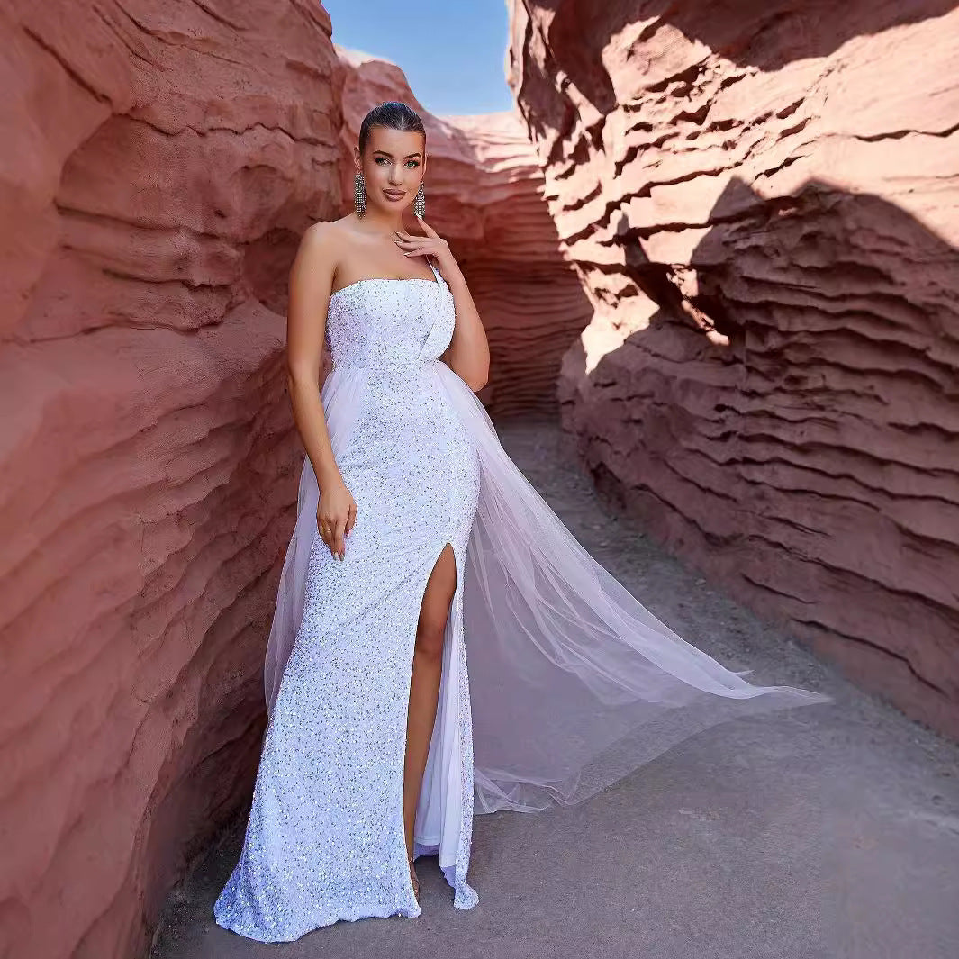 Tube Top Irregular Asymmetric White Mesh Sequ Dress