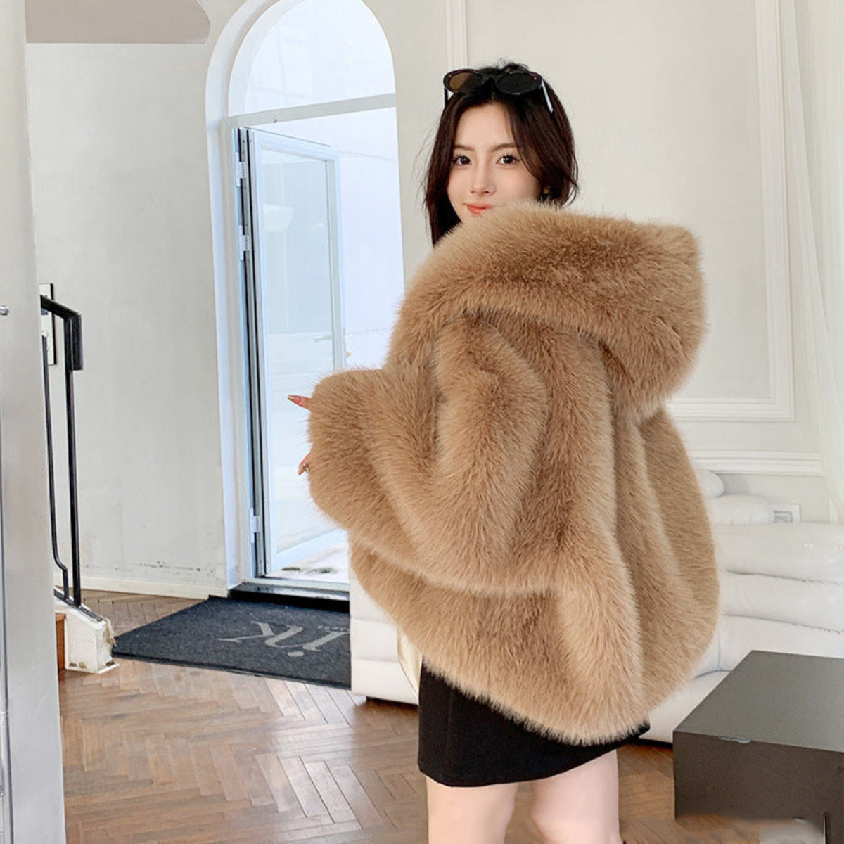 Faux Fur Hooded Oversized Cape Jacket 5