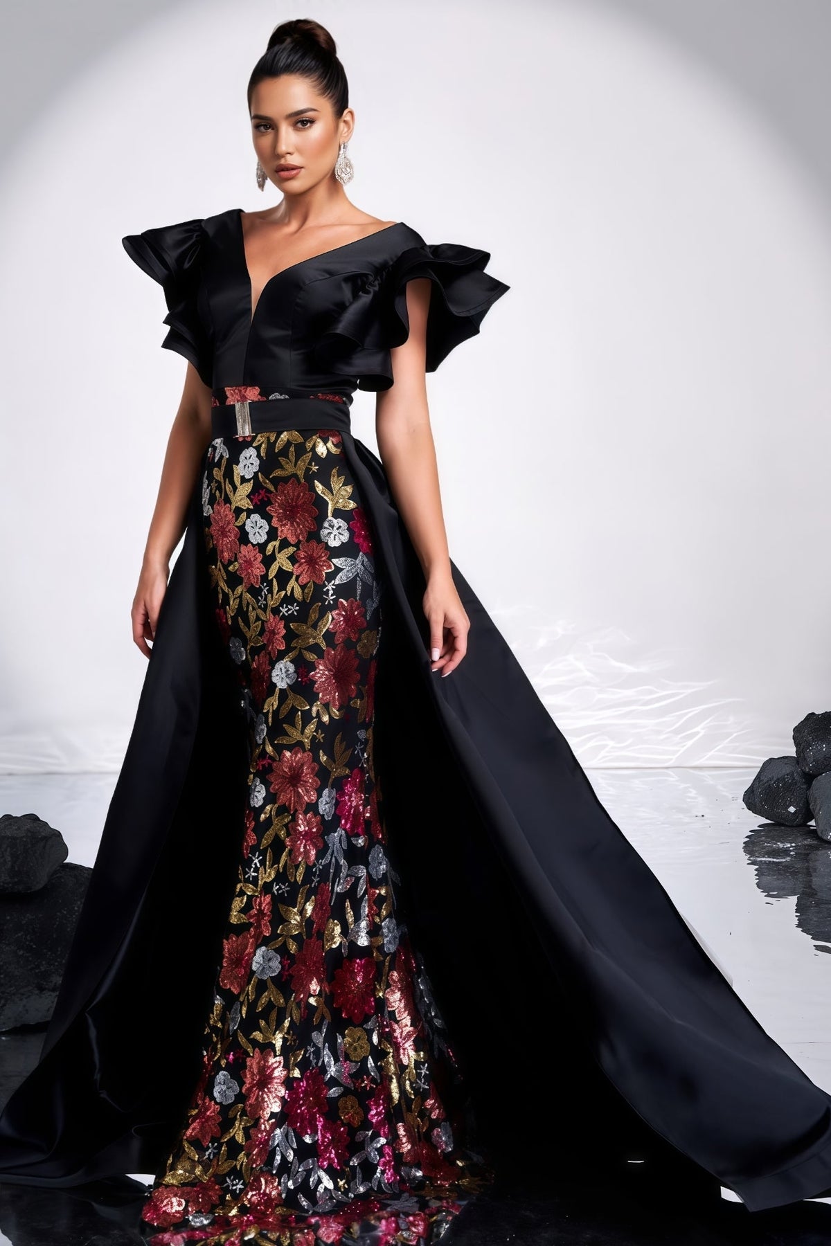 Floral Brocade V-Neck Ruffle Sleeve Mermaid Maxi Gown - View 6
